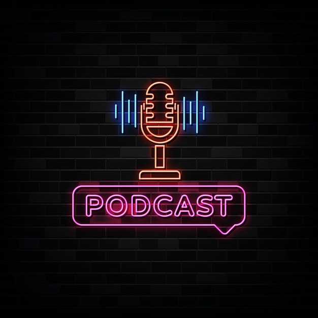 Insegne al neon di podcast. modello in stile neon.