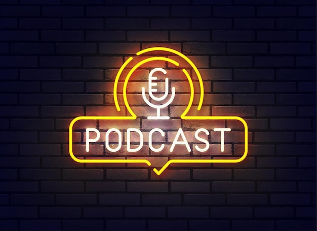 Podcast neonreclame heldere uithangbord lichte banner Podcast logo neon embleem en label