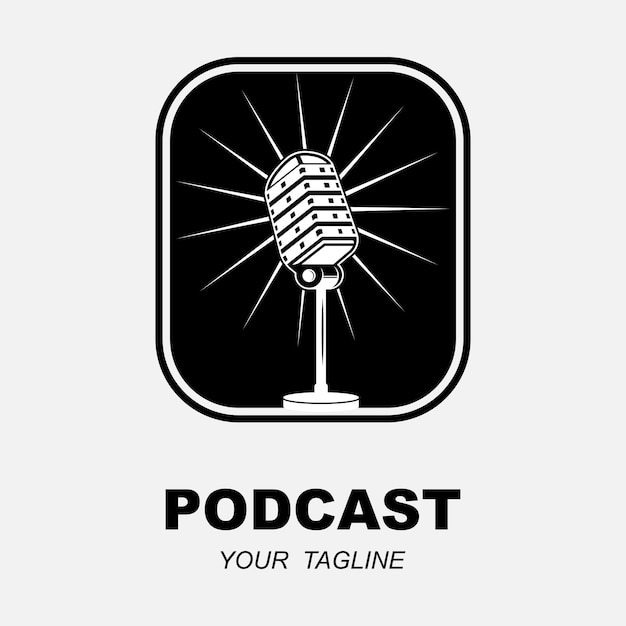 Podcast- of radiologo-ontwerp met behulp van microfoon- en hoofdtelefoonpictogram met slogansjabloon