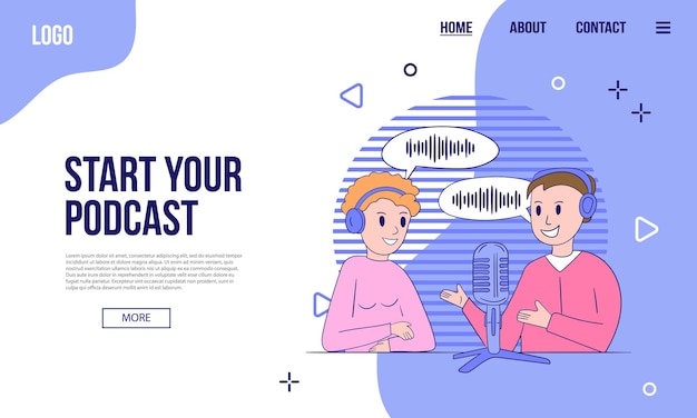 ポッド キャストまたはオーディオ コンテンツの web バナーまたはランディング ページ テンプレート フラット ベクトル