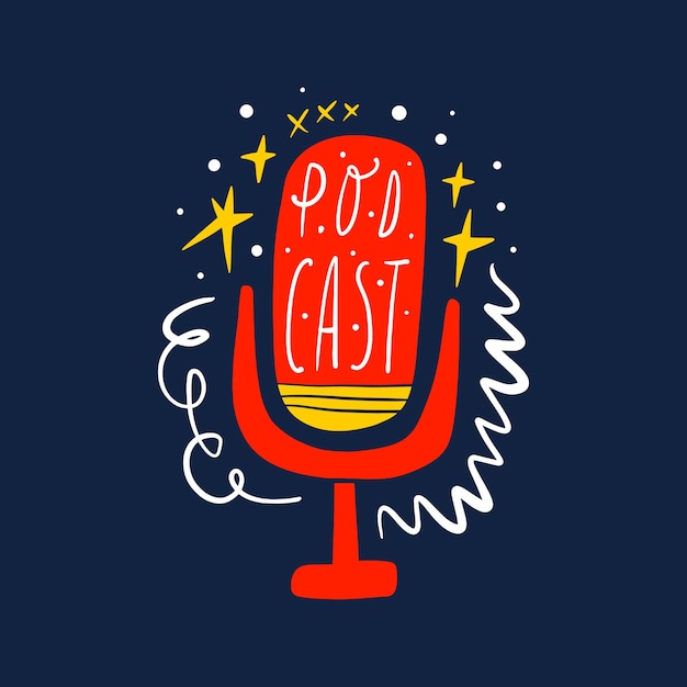 Podcast radio broadcast layout, studio media hosting doodle flat art drawing. Sound recording device