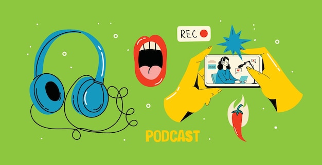 Podcast recording and listening broadcasting online radio audio streaming service concept Hand drawn vector isolated illustrations of headphones microphone laptop equalizer speech bubbles
