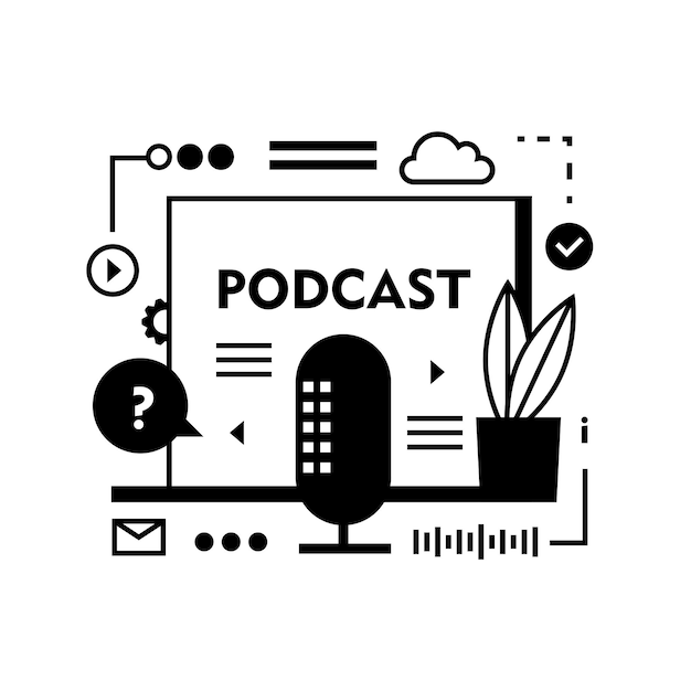 Podcast recording and listening broadcasting online radio audio streaming service Concept Headphones microphone laptop equalizer speech bubbles Podcast icon concept