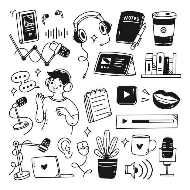 Podcast Related Object Kawaii Doodle vector illustration