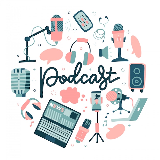 Vector podcast ronde vorm concept. geluidsopname apparaat, media-apparatuur. microfoon, uitzending faciliteiten kleur tekening geïsoleerd op een witte achtergrond. vlakke hand getekende illustratie met belettering