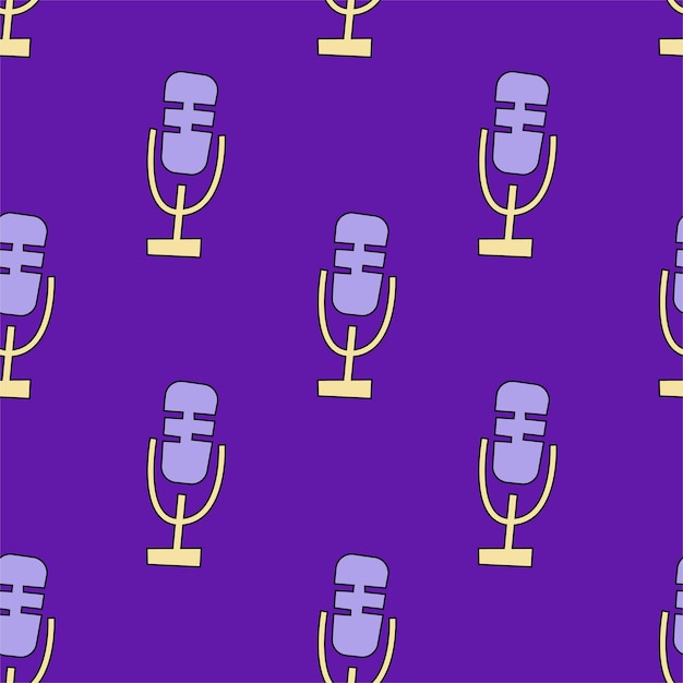 Podcast seamless pattern with microphone on purple background