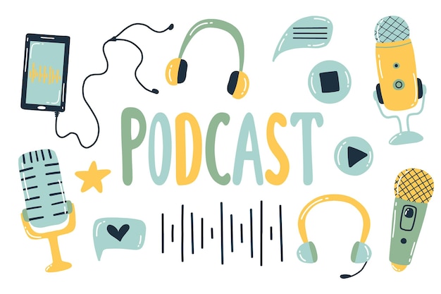 Podcast set Vector illustratie Doodle stijl Collectie voor omroep Microfoons en koptelefoons