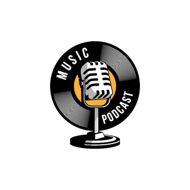 Podcast o logo cantante karaoke vocale con microfono retrò e icona in vinile.