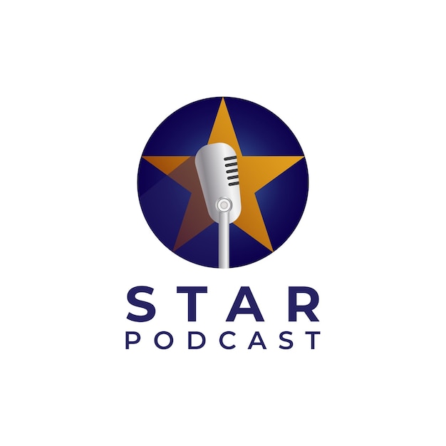 Шаблон дизайна логотипа подкаста или комедии Ретро иллюстрация микрофона с желтой звездой и синей формой эллипса за радиостанцией ведущего вещания