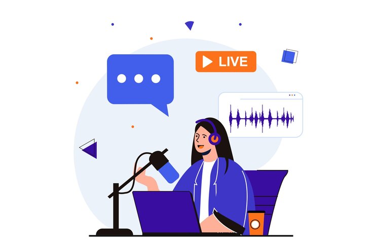वेक्टर podcast streaming modern flat concept for web banner design woman records audio and speaks