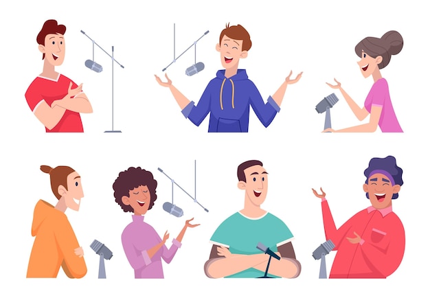 Podcast studio Characters dialogue audio microphone interview headphones radio broadcast exact vector flat people in cartoon style