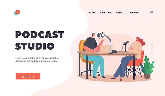 Podcast Studio Landing Page Template Male and Female Characters in Headphones Sitting with Microphones and Laptop Speaking Record Interview Radio Show Broadcast Cartoon People Vector Illustration