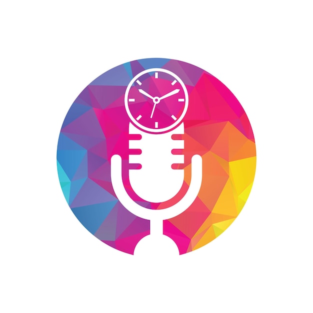 Podcast tijd vector logo ontwerpsjabloon Mic vector logo ontwerp klokpictogram