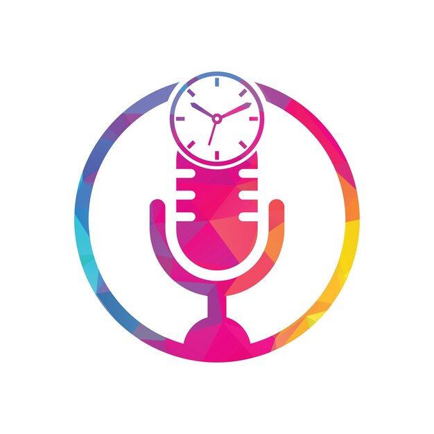 Podcast tijd vector logo ontwerpsjabloon mic vector logo ontwerp klokpictogram