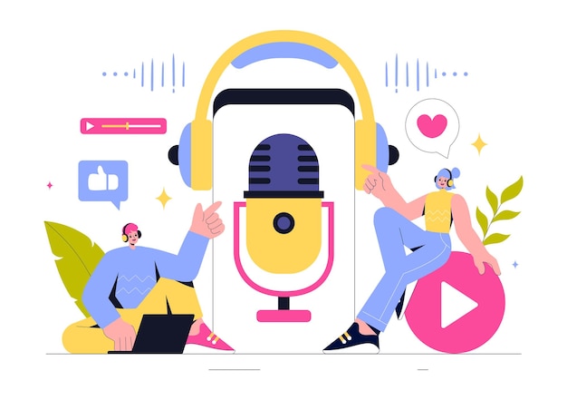 podcast vector illustration featuring people using headsets to record audio a host interviewing a guest or an online show with a microphone