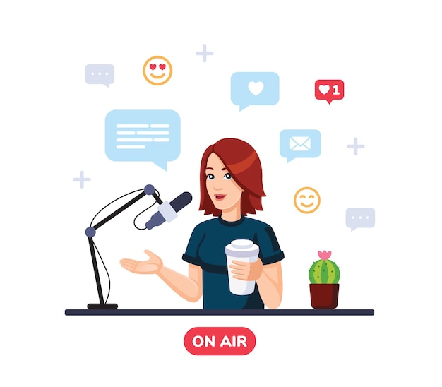 Podcaster girl talking to microphone recording podcast in studio vector flat style illustration