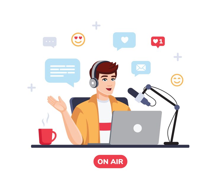 Podcaster praten met microfoon opname podcast in studio Vectorillustratie vlakke stijl