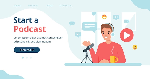 Podcaster talking to microphone recording podcast Landing page template vector