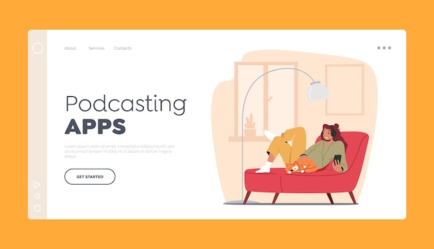 Podcasting app landing page template radio show broadcasting concept met vrouwelijk karakter luister audio podcast