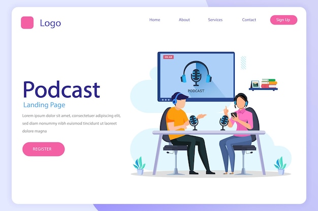 Podcasting online bestemmingspagina website platte vector sjabloon