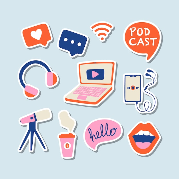 Vector podcasting stickers collection