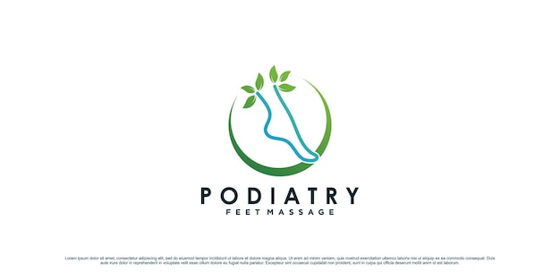 Design del logo di podologia per il massaggio naturale dei piedi con il concetto di caviglia e l'elemento foglia vettore premium