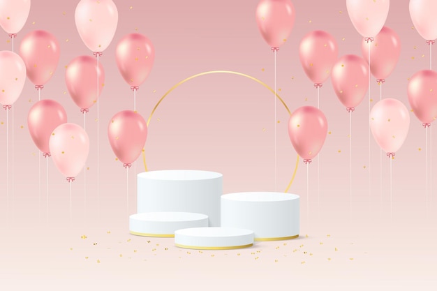 podium 3d background with pink balloons and golden frame