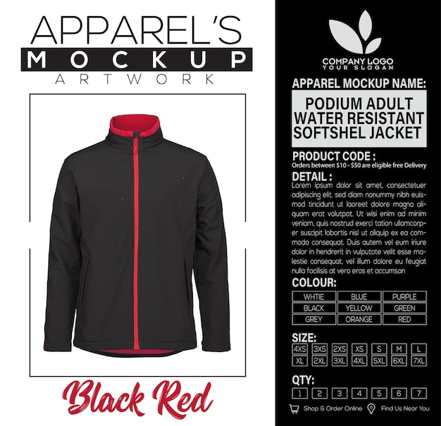 Podium Adult Water Resistant Softshell Jacket Black And Red Apparel Mockup Artwork Design