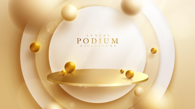 Podium in circle frame and gold ball element and blur effect decoration and glitter light and bokeh