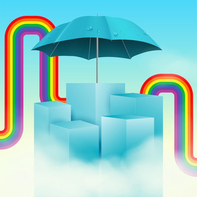 Vettore podio in nuvole con arcobaleno e ombrello concetto di vendita dei monsoni