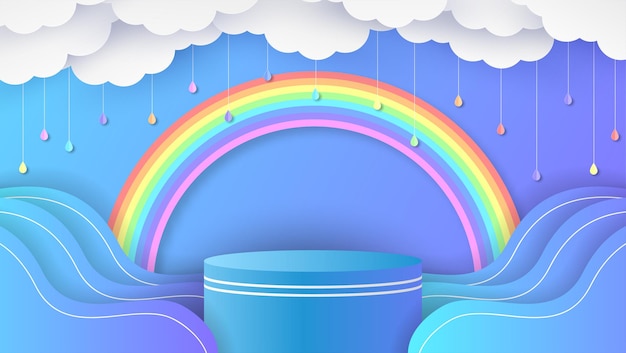 Podium cute rainbow and clouds sky background