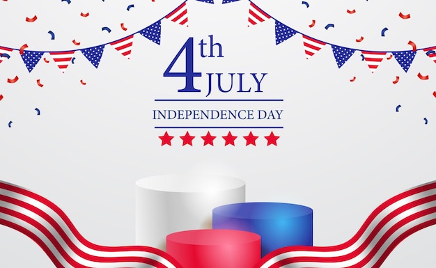 Podium display 3d cylinder for 4th july american independent day banner with ribbon and confetti template