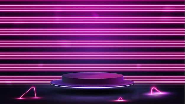 Vector podium floating in the air with horizontal line neon pink wall on background and neon triangles around