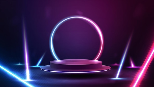 Vector podium floating in the air with line gradient neon ring on background and neon line rays around