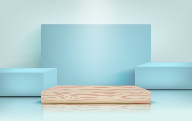 디자인을위한 파스텔 블루 색상의 제품 발표를위한 연단. 기둥 스탠드 장면, 사실적인 스타일의 일러스트레이션