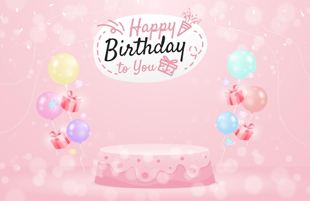 Podium happy birthday background with balloon confetti and gift box