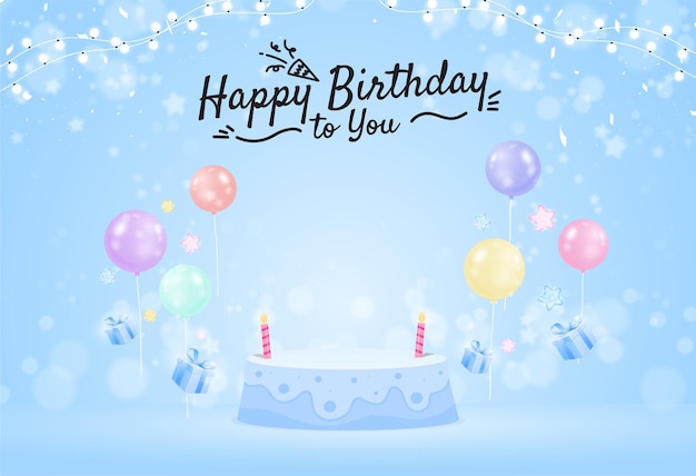 Vector podium happy birthday background with balloon confetti and gift box