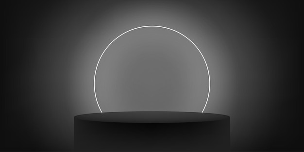 Podium in cirkelvorm met neon gloeiend voor presentatie vectorillustratie Scène voetstuk donkere studio vloer achtergrond