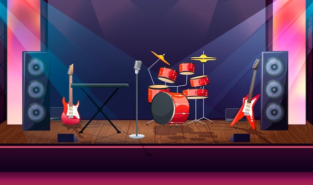 Vector podium met rockbandinstrumenten niemand in concertzaal door gekleurde spotlichten en muziekluidsprekers rode basgitaar en drum op lege scène scherm achter drummer lege dansvloer vectorillustratie