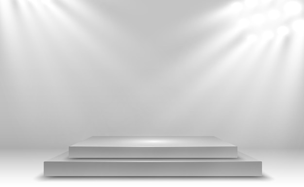 Vettore podio, piedistallo o pedana, illuminati da faretti sullo sfondo. illustrazione vettoriale.