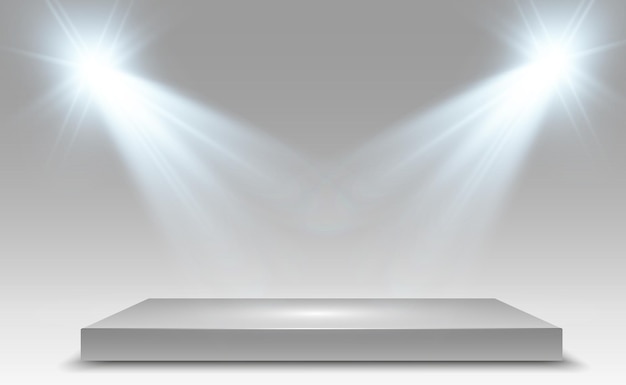 Podium, pedestal or platform, illuminated by spotlights in the background. Vector illustration.