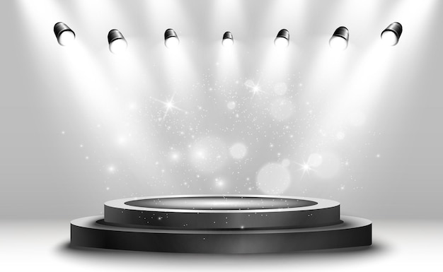 Podium pedestal or platform illuminated by spotlights in the background Vector illustration