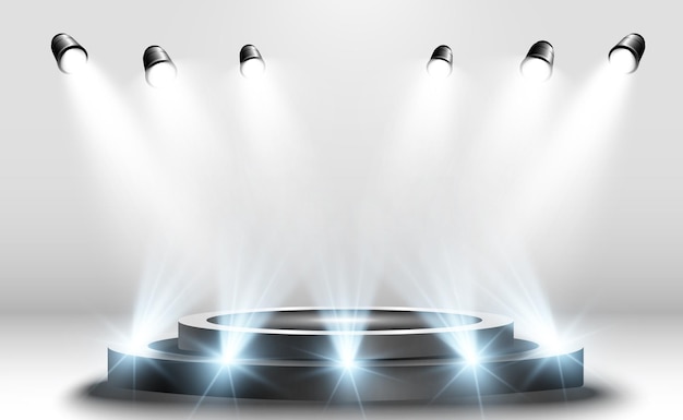 Podium pedestal or platform illuminated by spotlights in the background Vector illustration