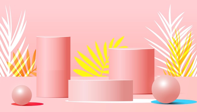 Podium platform for brand promotion with tropical leaves on pink background  