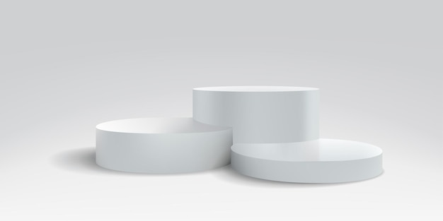 연단 플랫폼 또는 무대, 3d 흰색 스탠드, 현실적인 제품 디스플레이 배경. 제품 전시 또는 프레젠테이션을 위한 벡터 원형 데이즈 받침대 또는 연단 플랫폼 기둥