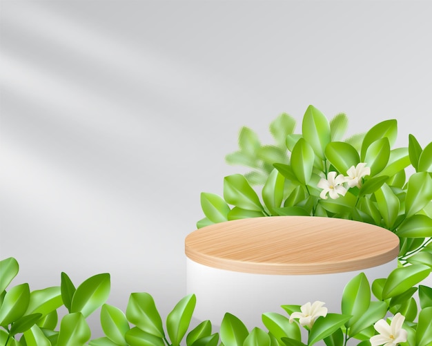 Vector podium platform with tropical foliage and flowers backdrop for product presentation