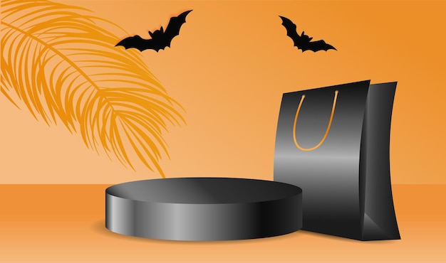 Podium for the presentation of goods on an orange studio background with a gift bag the concept of Halloween sales shopping product advertising