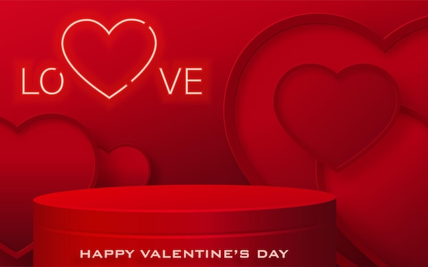 Podium ronde podium voor Valentijnsdag met rood en gouden hart voor ik hou van je dag, rood papier gesneden kunst en ambacht op rode kleur achtergrond met feestelijke elementen voor wenskaart, banner, web