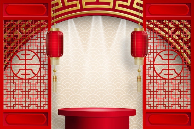 Podium round stage chinese style, for chinese new year and festivals or mid autumn festival with red paper cut art and craft on color backgroung with asian elements