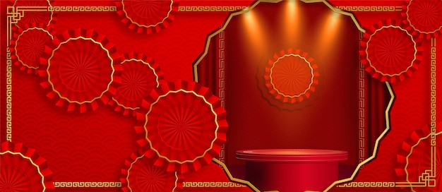 Podium round stage chinese style, for chinese new year and festivals or mid autumn festival with red paper cut art and craft on color backgroung with asian elements